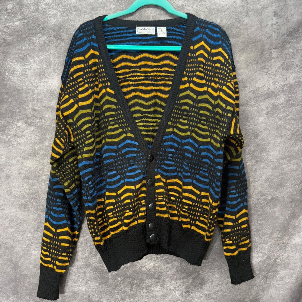 Vintage Santana Geometric Zigzag Cardigan Mens XL Yellow Blue Black 80s Funky